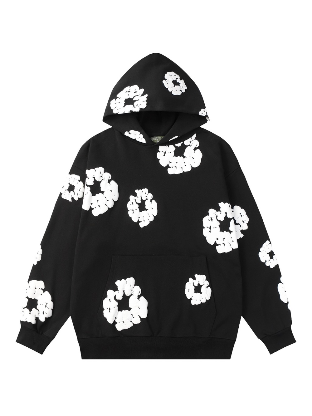 Black Hoodie Sweatshirt with White Floral Ring Print - Men